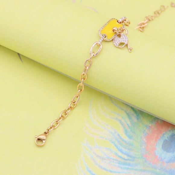 "Rose Gold Bracelet with Yellow Charm and Crystal Lock & Key, XPBL0890 - Picture 2 of 12
